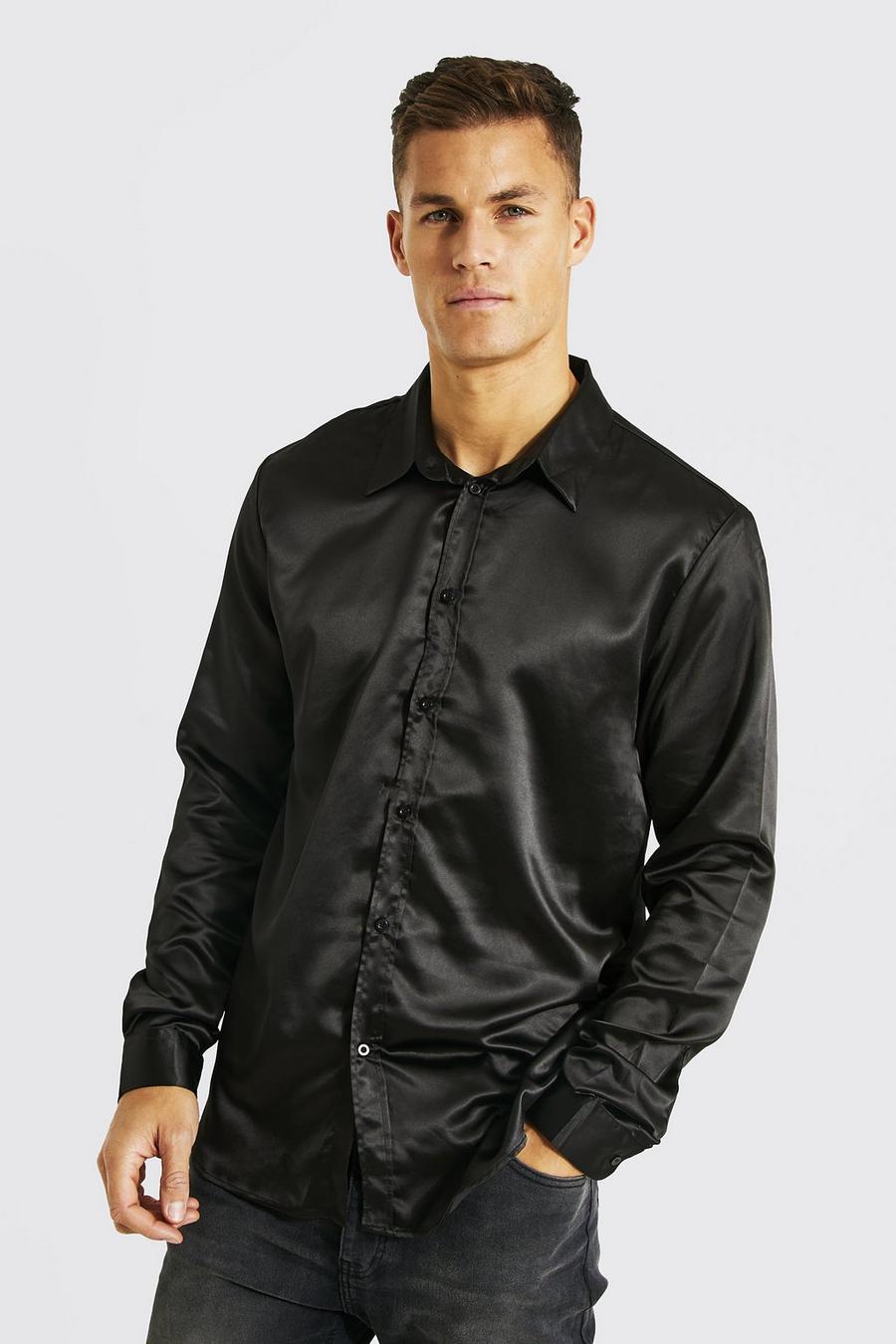 Black Tall Long Sleeve Satin Slim Fit Shirt image number 1