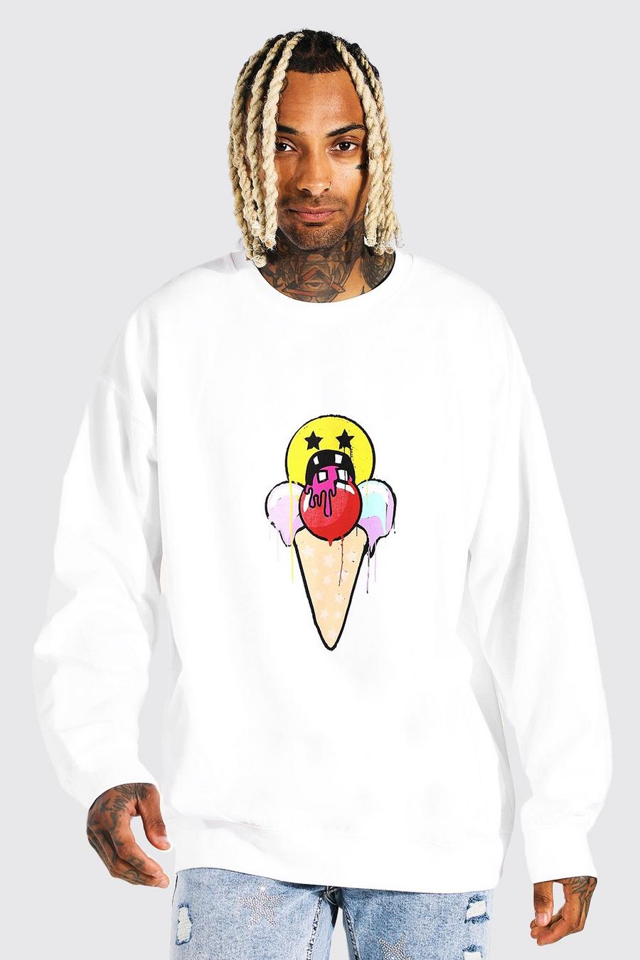 White Oversized Ice Cream Drip Face Sweatshirt image number 1