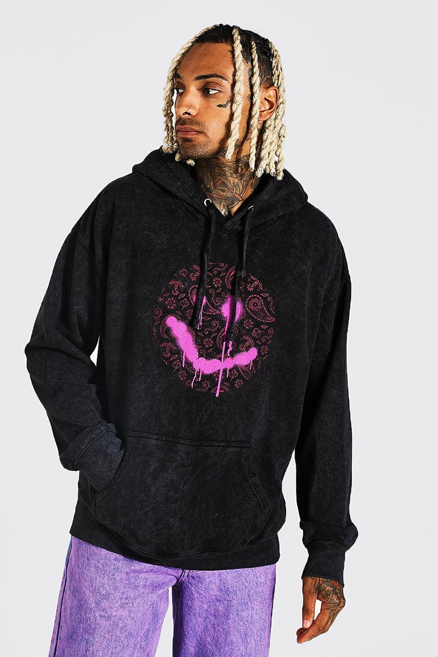 Oversize Hoodie mit Acid-Waschung und Paisley Drip Face, Charcoal image number 1
