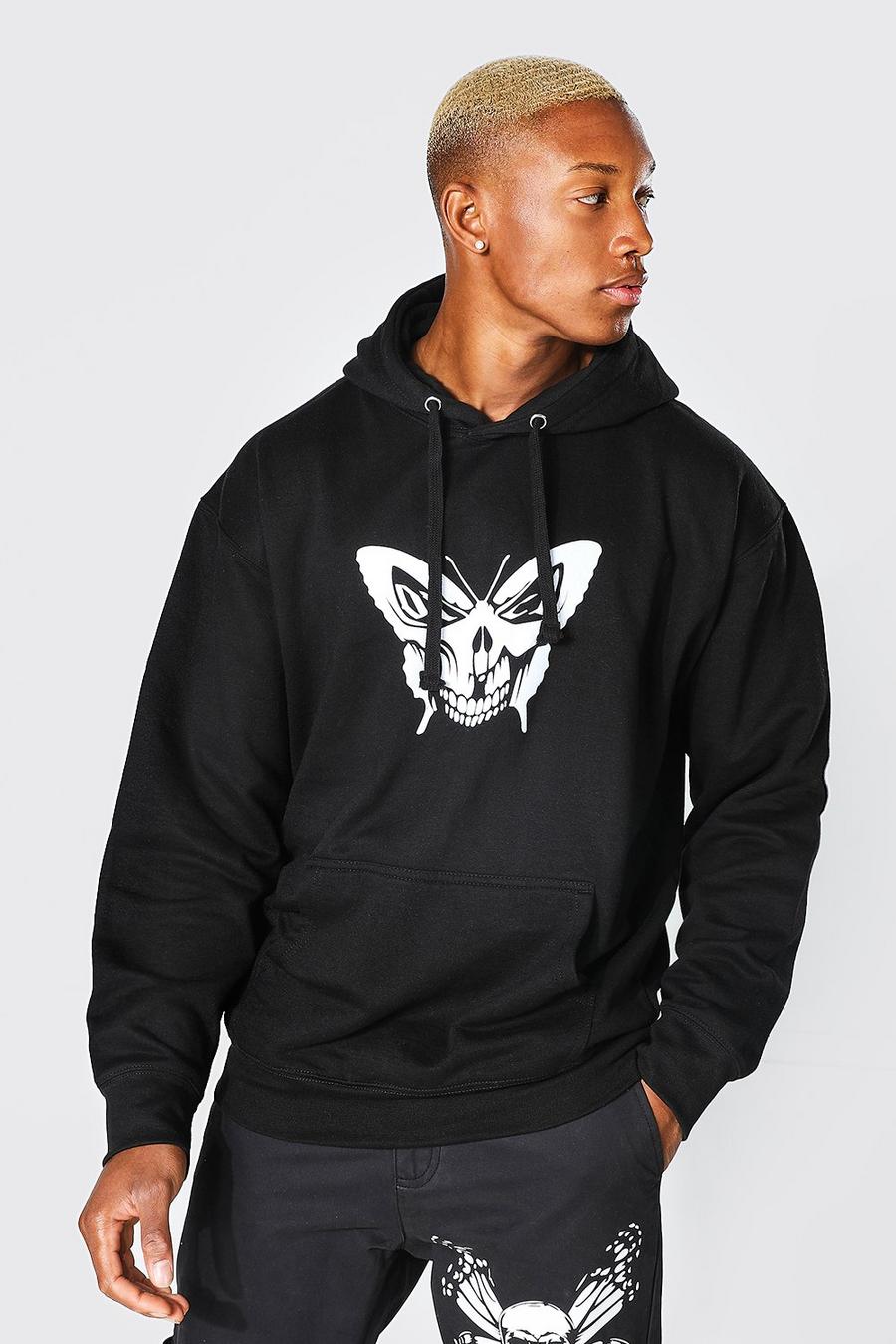 Black Oversize hoodie med fjäril och dödskalle image number 1