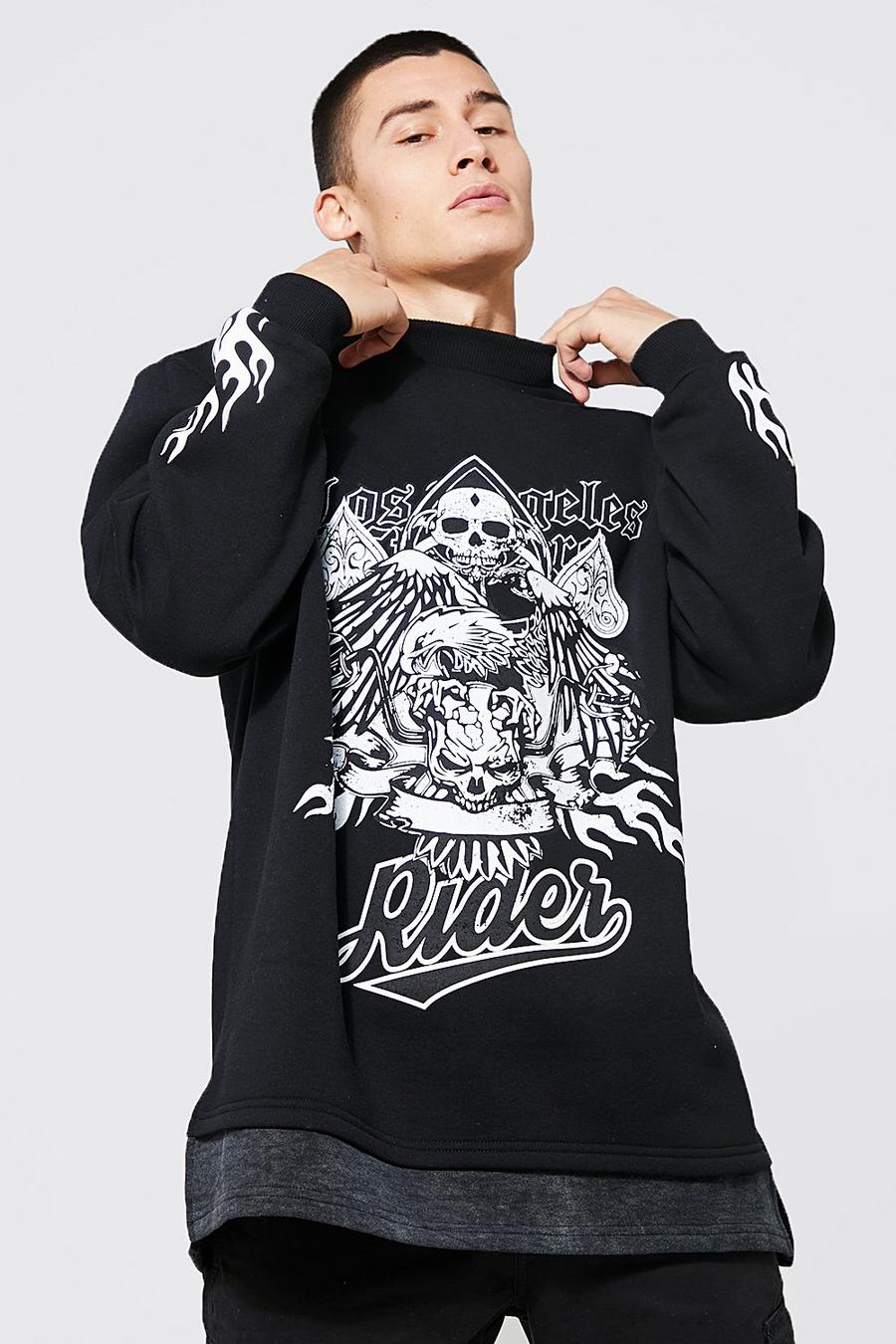 Black Oversized Faux Layer Skull Graphic Sweatshirt image number 1