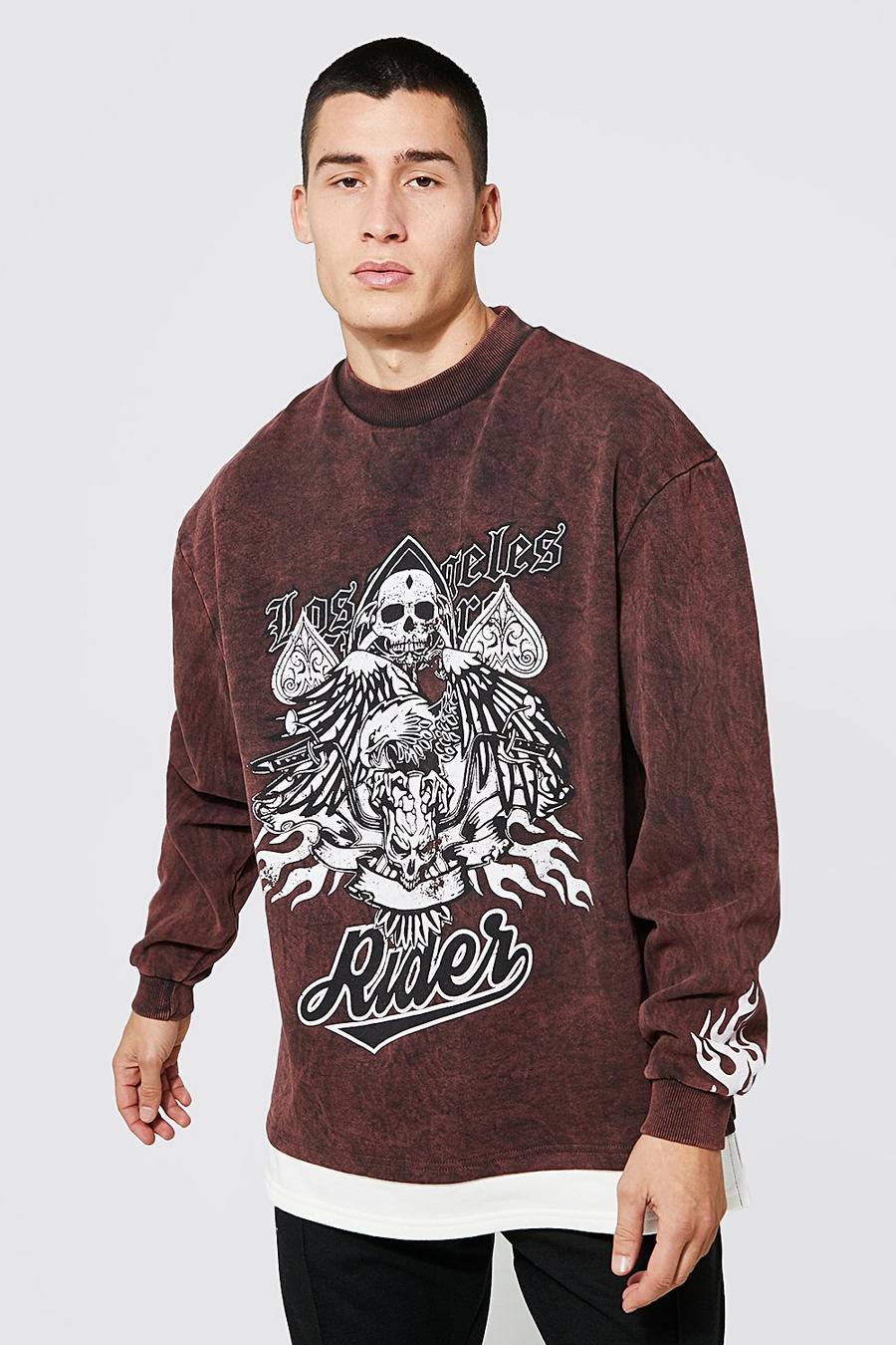 Brown Oversized Faux Layer Graphic Washed Sweat image number 1