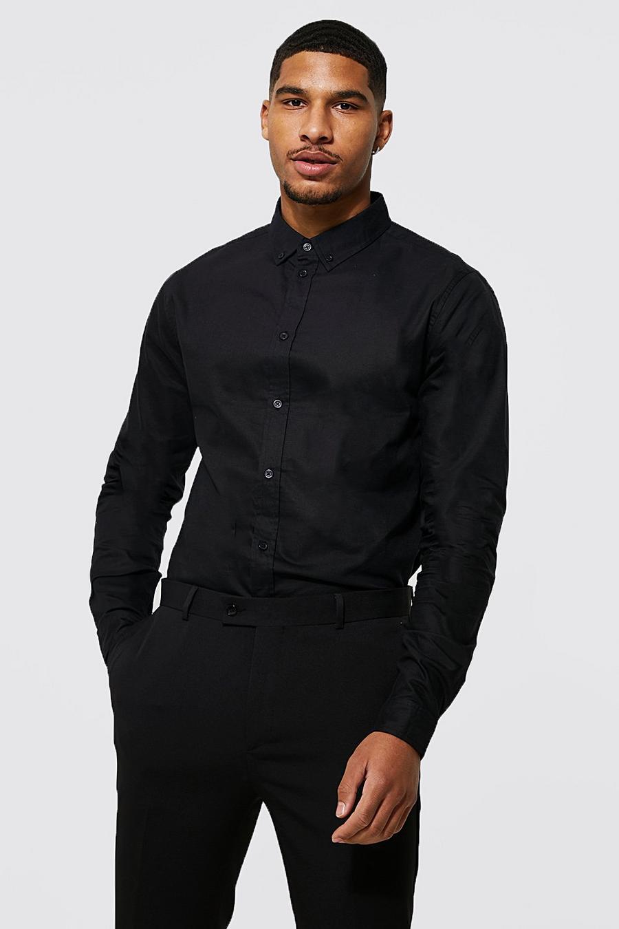 שחור חולצת אוקספורד עם שרוולים ארוכים, לגברים גבוהים image number 1