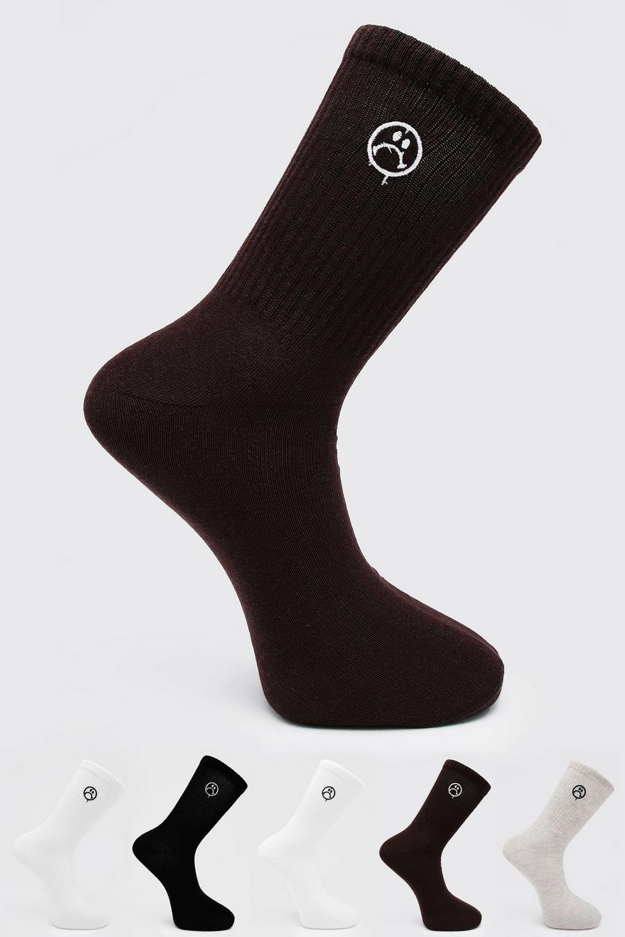 Brown 5 Pack Face Embroidery Tube Socks