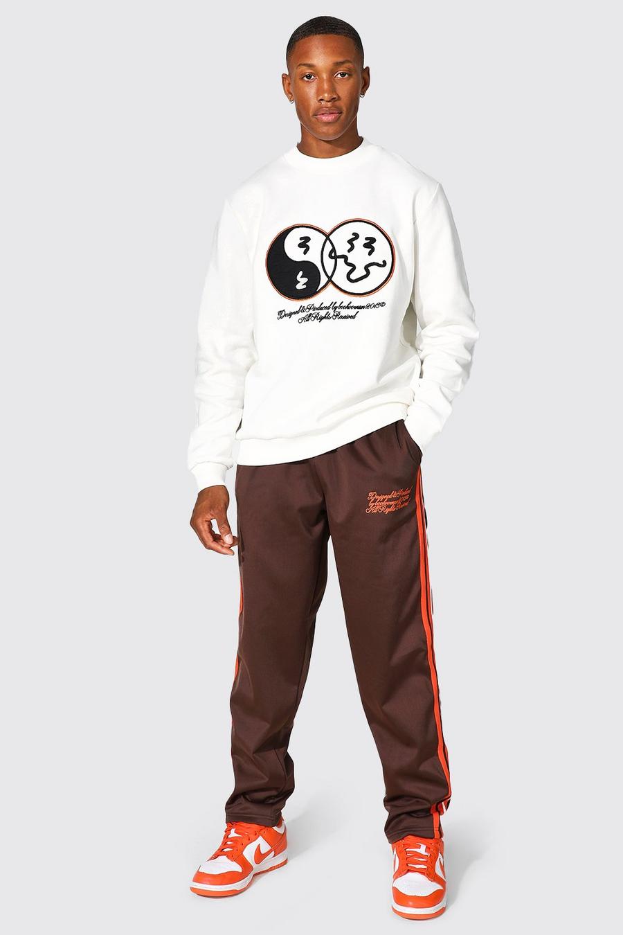 Tuta sportiva con felpa & pantaloni in tricot, Brown image number 1