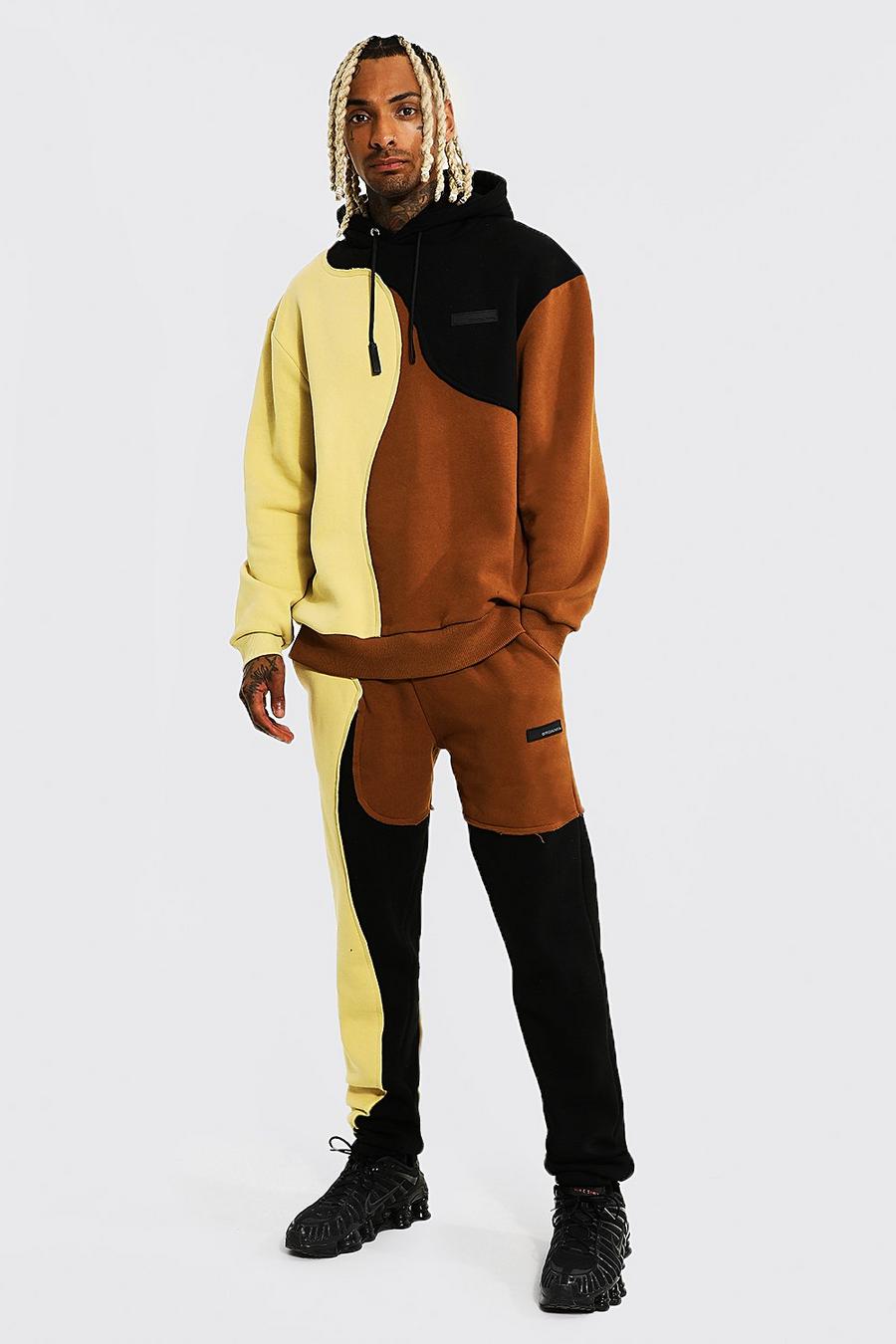Brown Oversized Colour Block Hooded Tracksuit image number 1