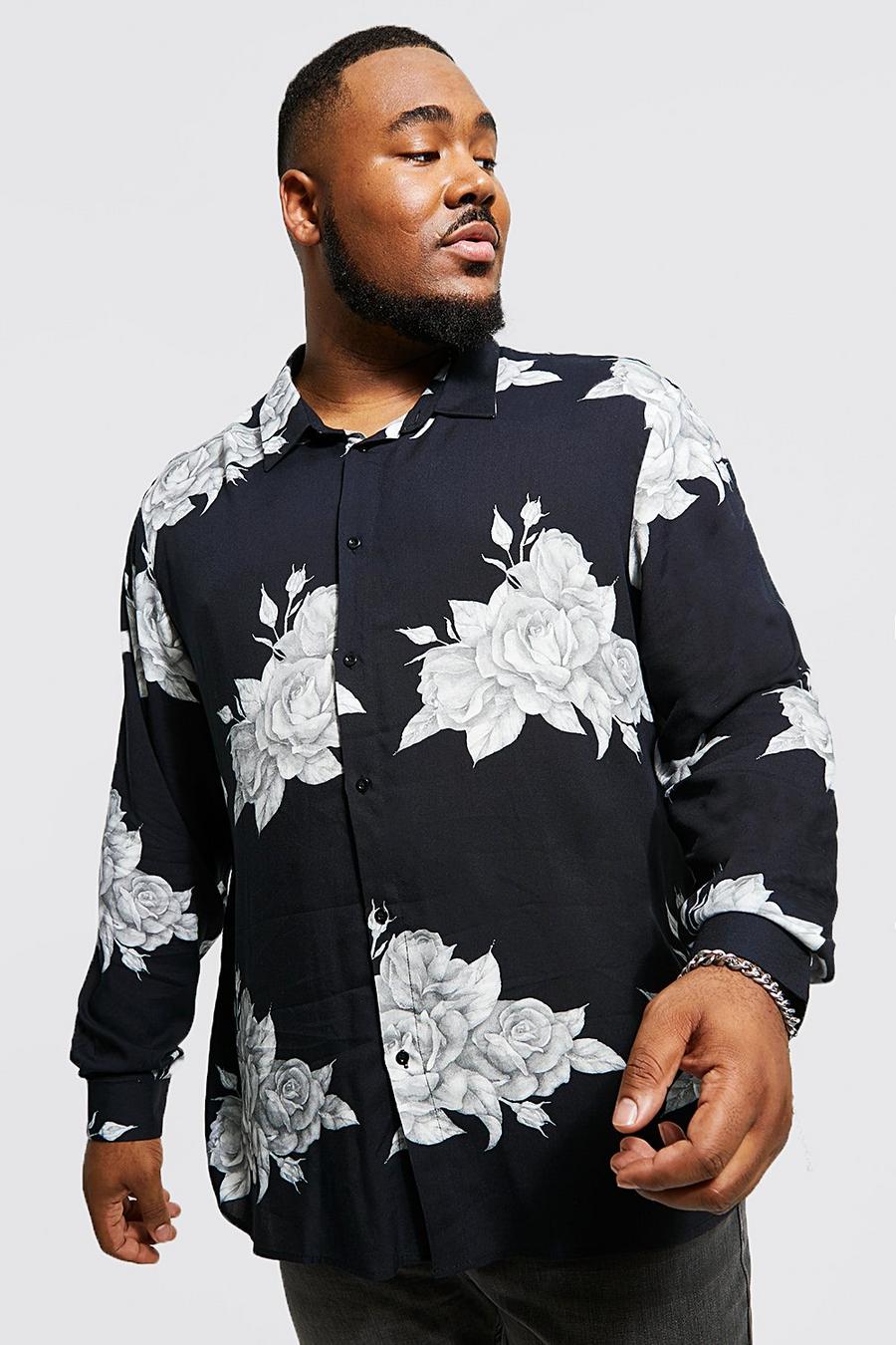 Plus florales Viskose-Hemd mit langen Ärmeln, Black image number 1