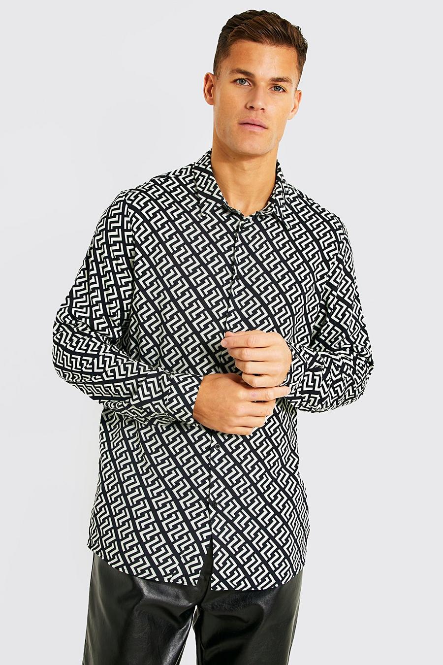 Black Tall - Långärmad mönstrad skjorta i viskos image number 1