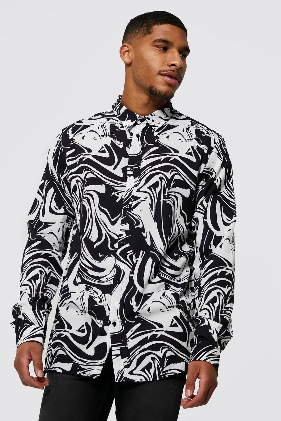 Black Tall Marmerprint Overhemd Met Lange Mouwen image number 1