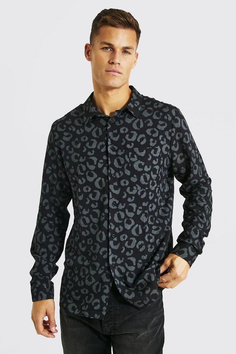 Black svart Tall Long Sleeve Viscose Leopard Print Shirt image number 1