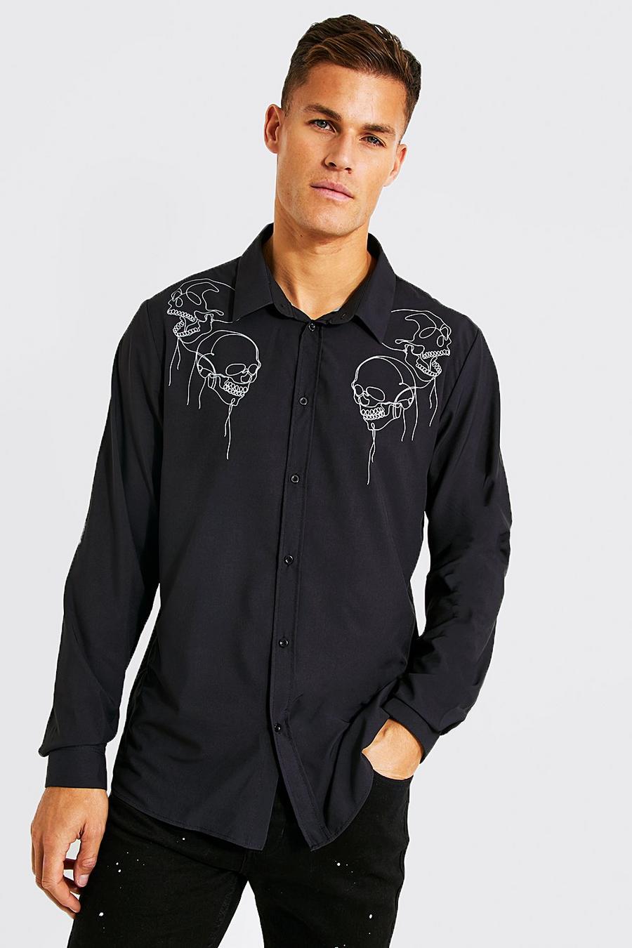 Black Tall Long Sleeve Skull Placement Shirt image number 1