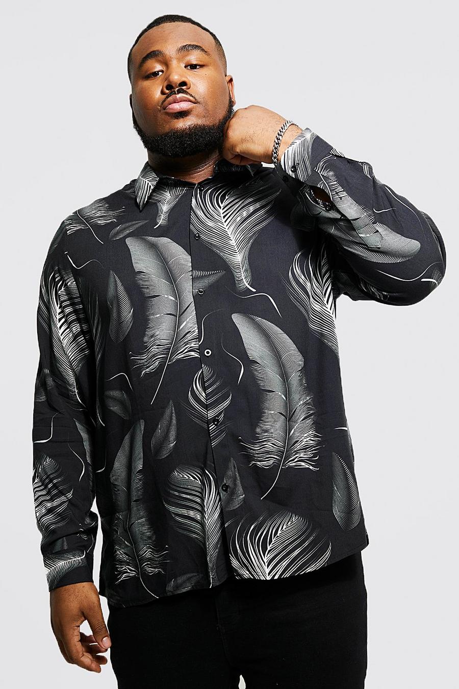Black Plus Long Sleeve Viscose Feather Print Shirt image number 1
