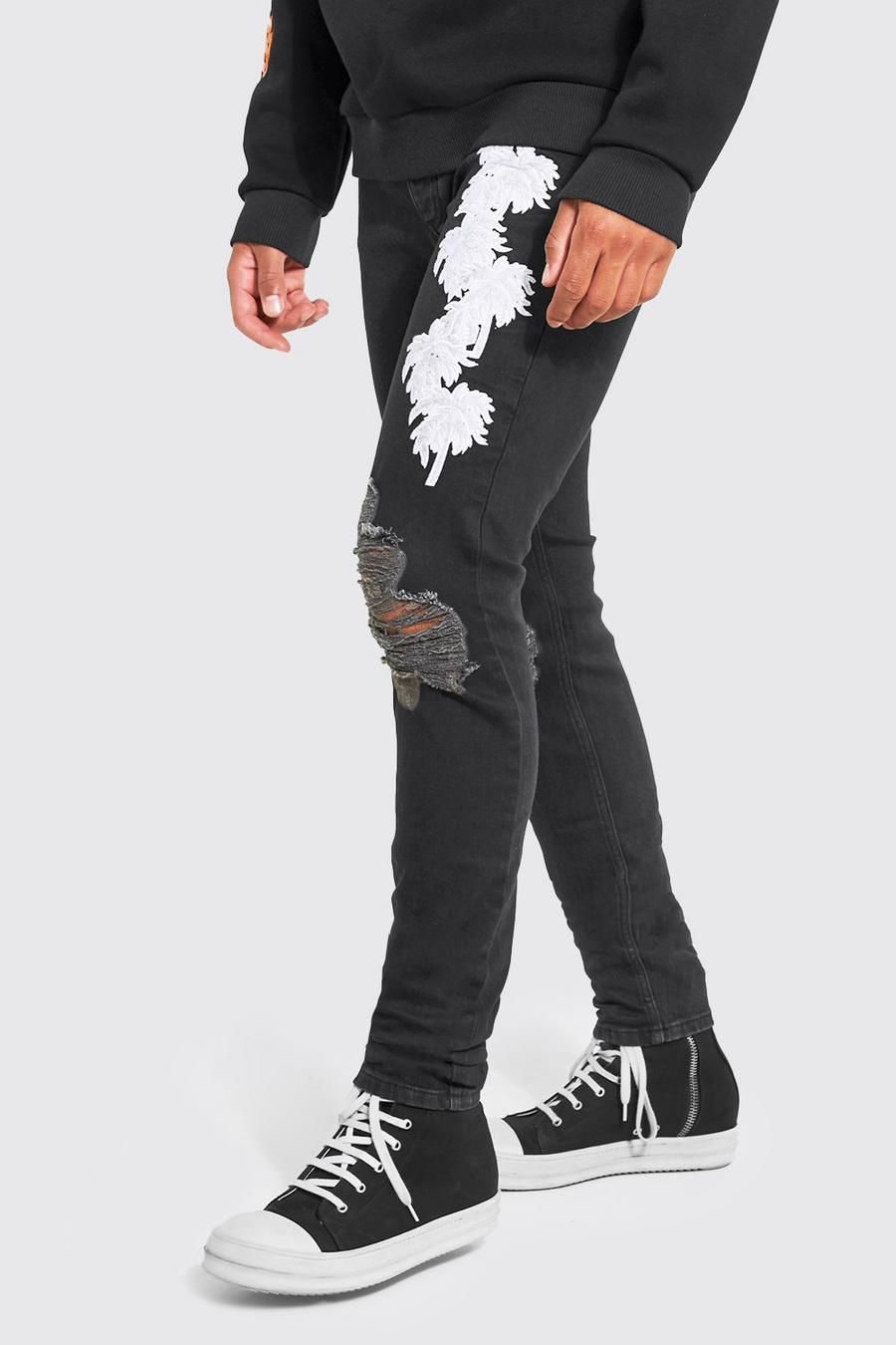 Tall Skinny Jeans mit Palmenapplikation, Black