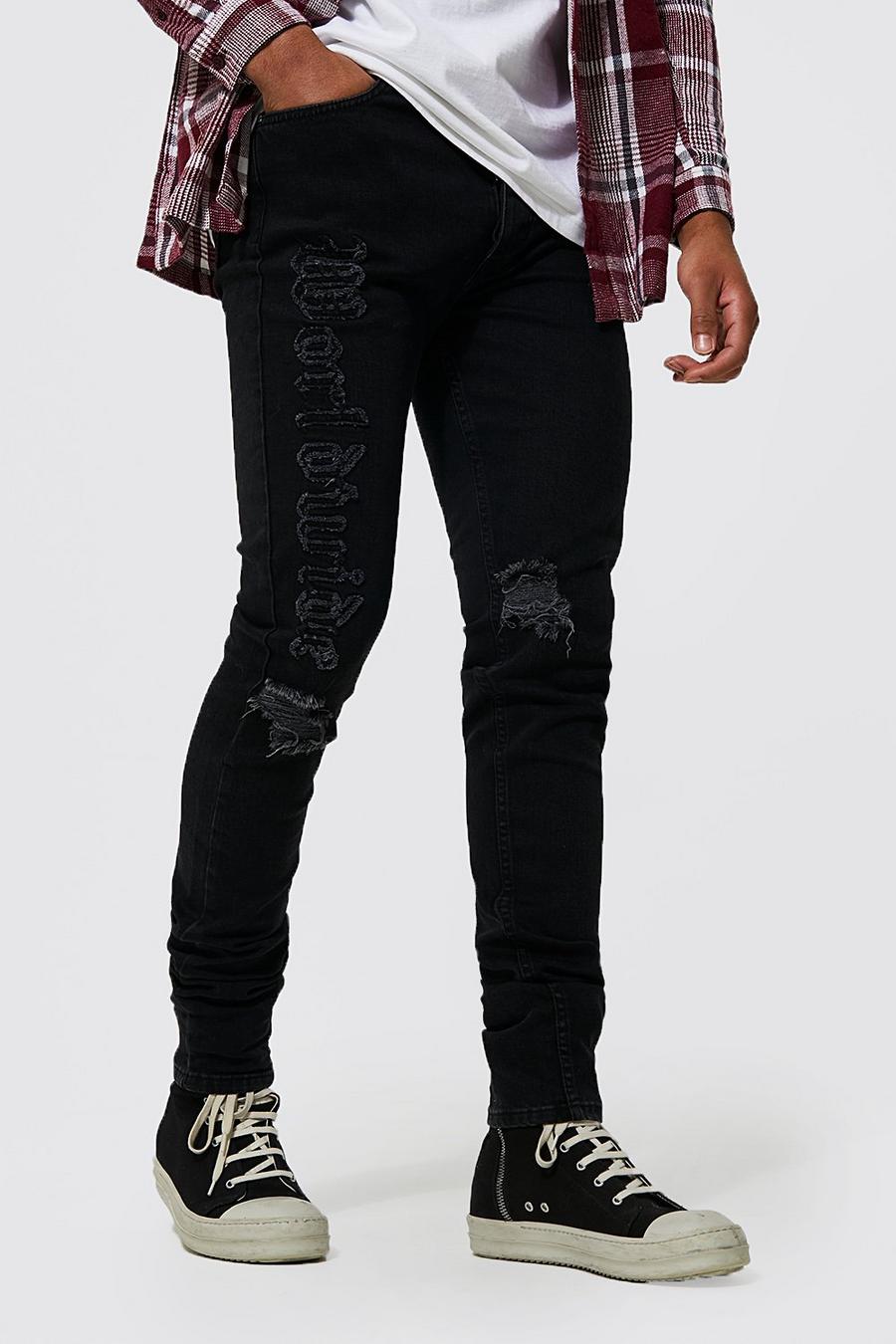 שחור nero סקיני ג'ינס עם אפליקציית Worldwide, לגברים גבוהים