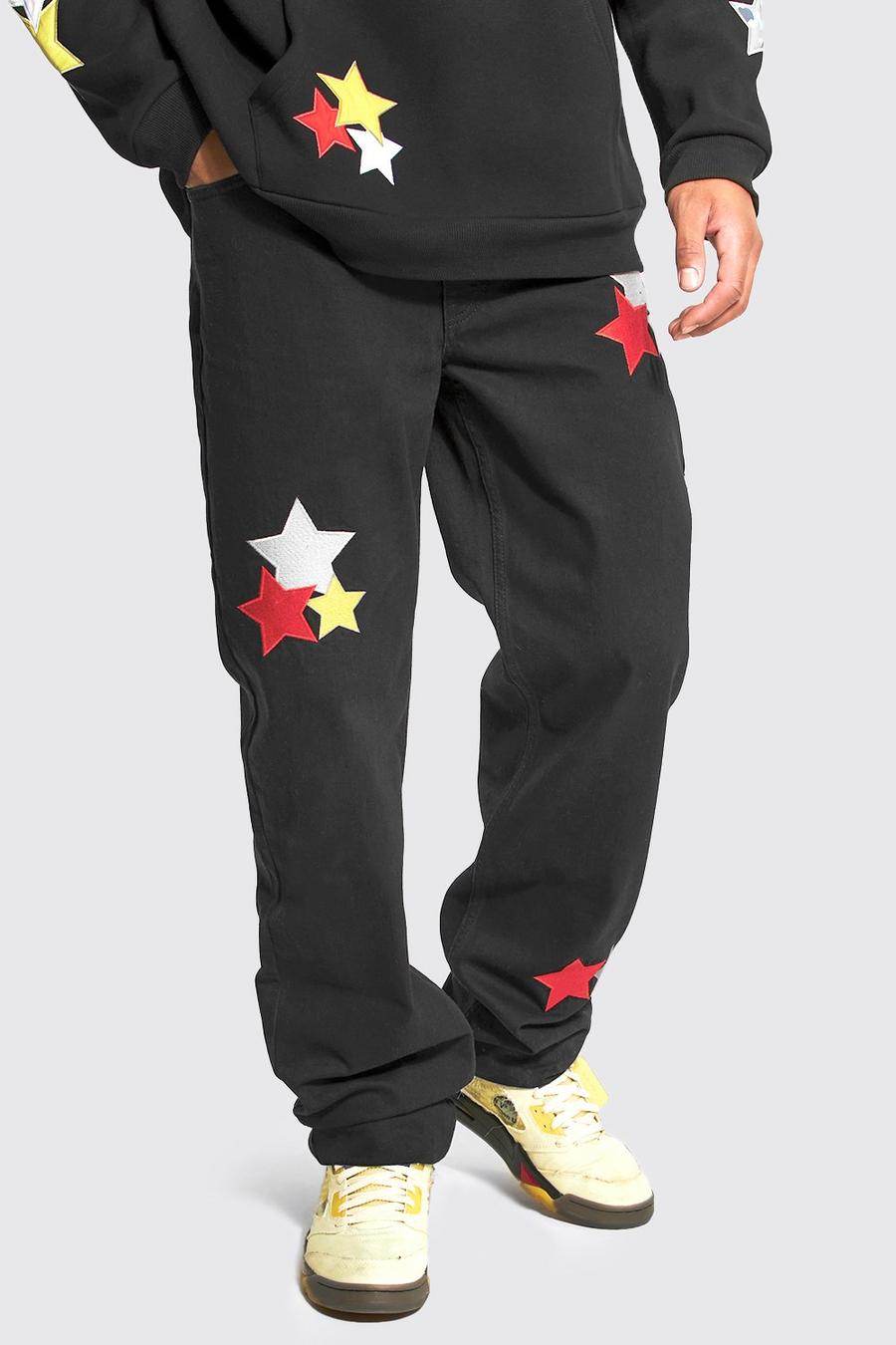 Tall lockere Jeans mit Sternen-Applique, Black image number 1