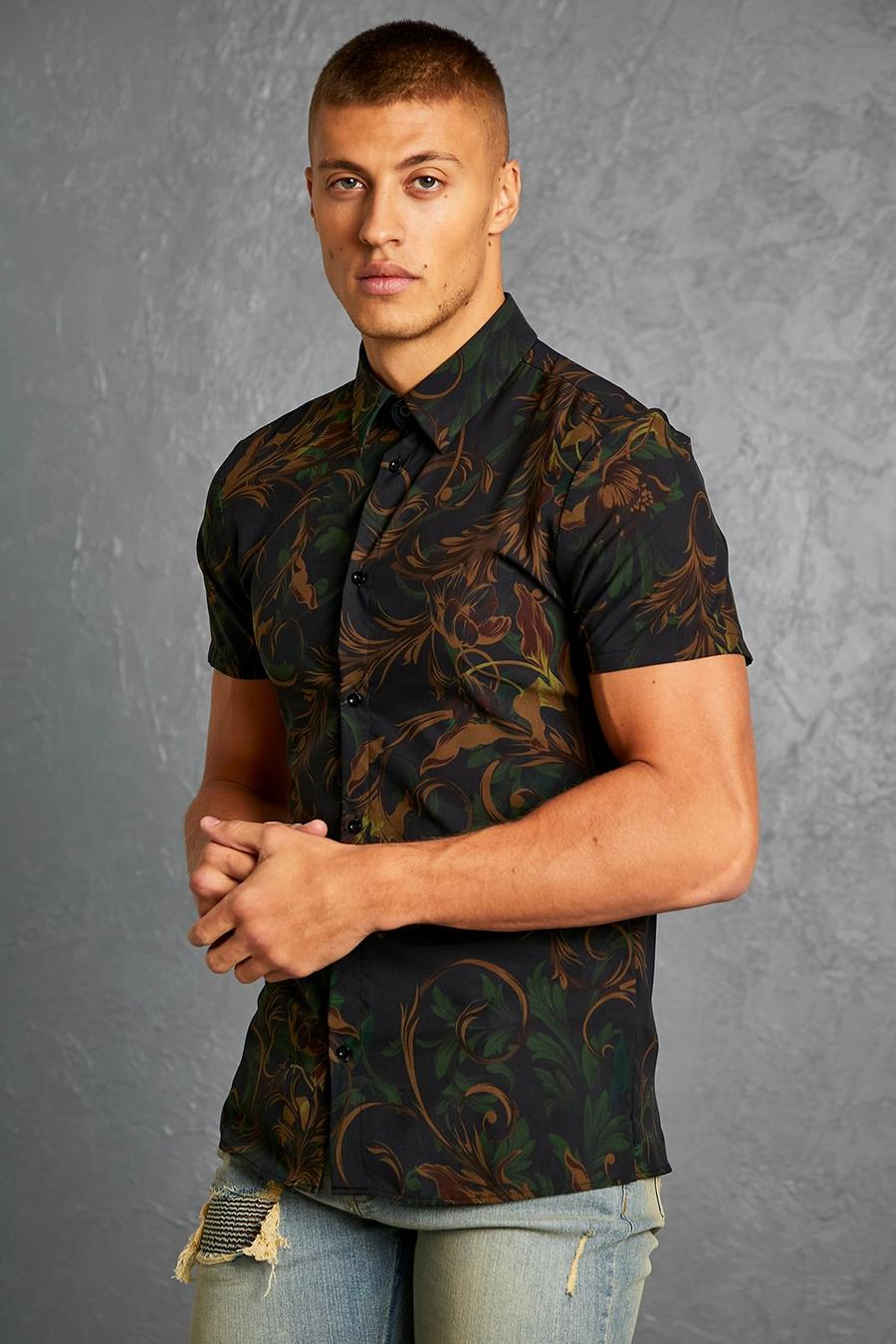 Khaki Short Sleeve Muscle Baroque Camo Shirt image number 1
