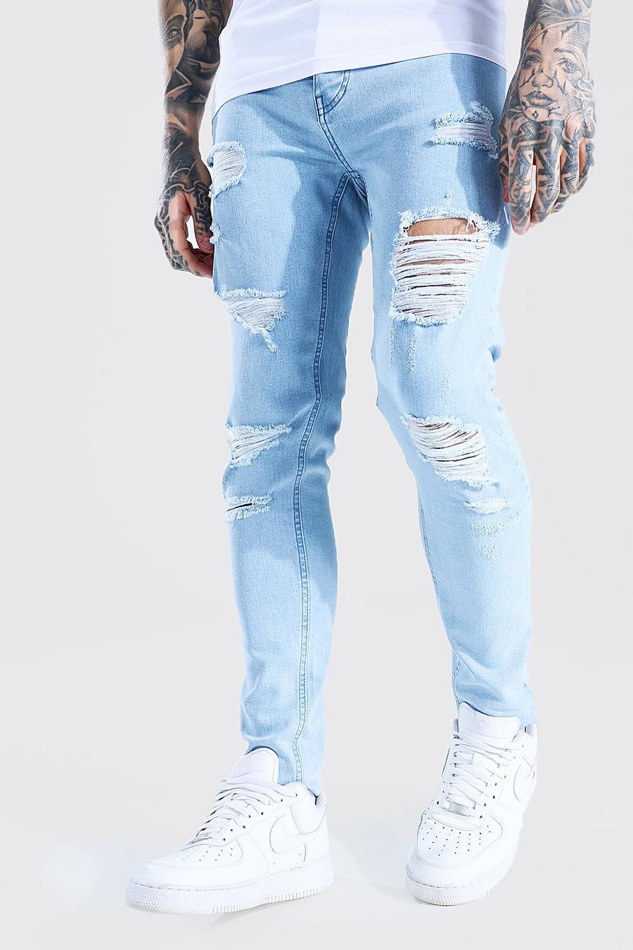 Jeans Skinny Fit in Stretch con strappi all over, Bleach wash