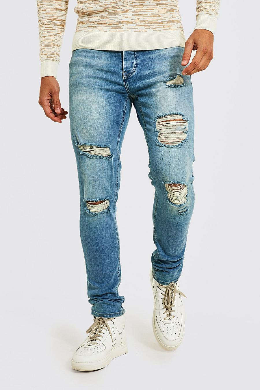 כחול וינטג' azul סקיני ג'ינס נמתחים עם קרעים מרובים