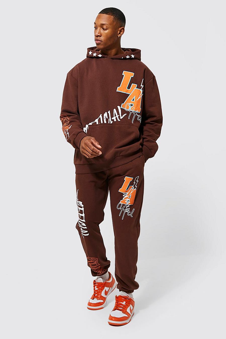 Chocolate Oversized La Official Varsity Hooded Tracksuit image number 1