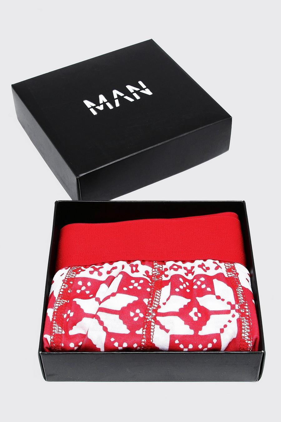 Bóxers navideños con estampado de grecas en caja de regalo, Red image number 1