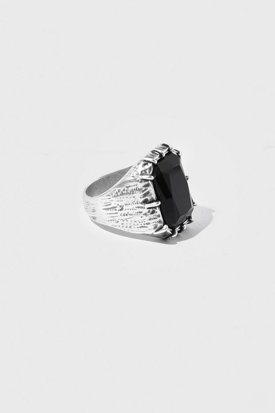 Bague style chevalière à pierre fantaisie noire , Silver image number 1