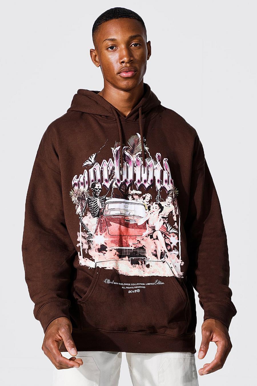 Brown Oversize hoodie med grafiskt tryck image number 1