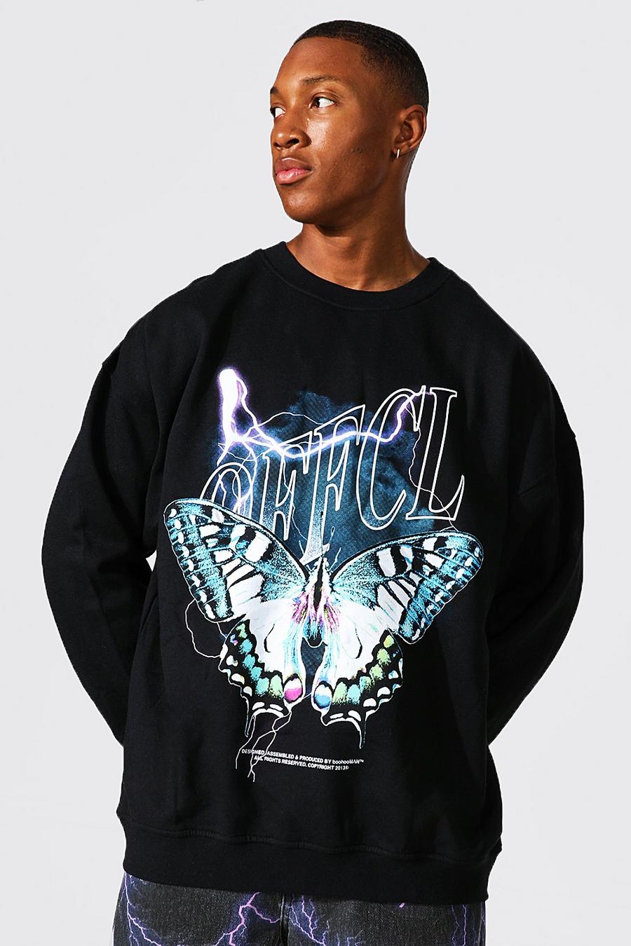 Black Oversized Butterfly Graphic Sweatshirt image number 1