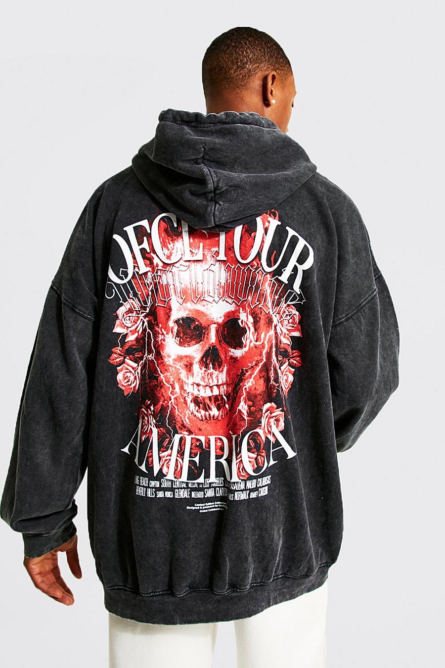 Charcoal Oversize hoodie med dödskalle och stentvättad effekt image number 1