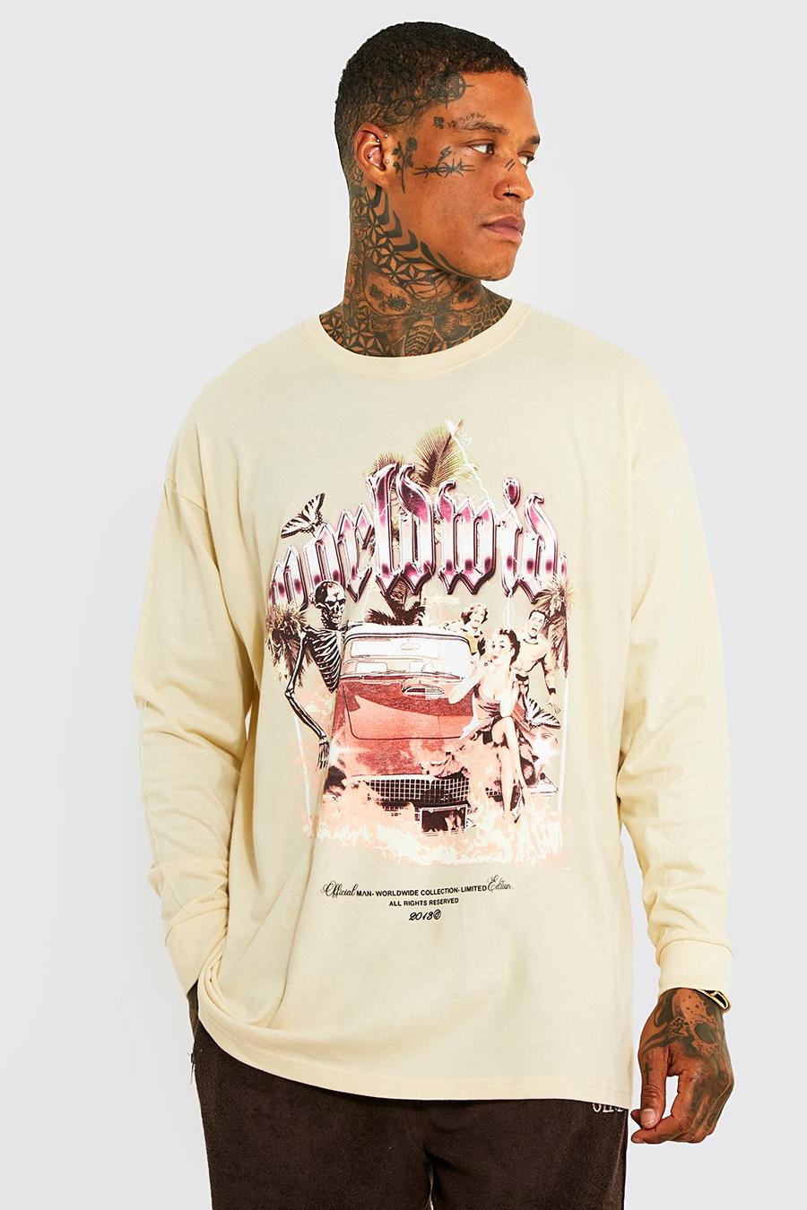 T-shirt oversize a maniche lunghe con grafica di auto, Sand image number 1