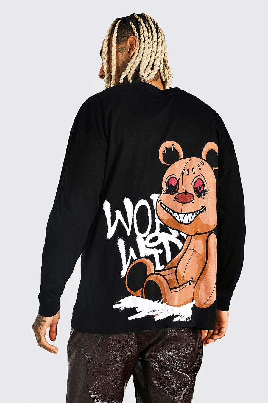 Black Oversized Teddy Graphic Long Sleeve T-shirt image number 1
