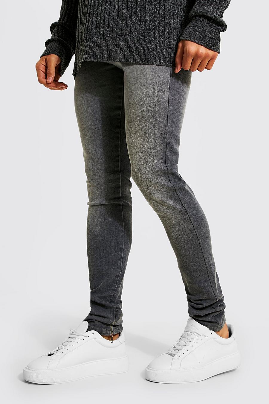 אפור ביניים סקיני ג'ינס עם רוכסן במכפלת וקצוות נערמים image number 1