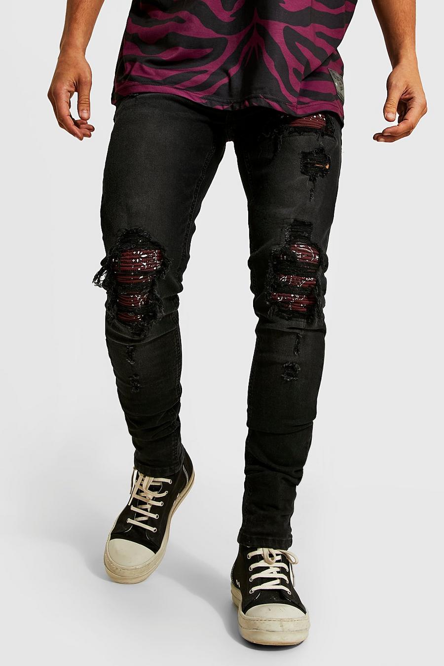 Jeans Skinny Fit stile Biker in fantasia a bandana con pieghe sul fondo, Washed black