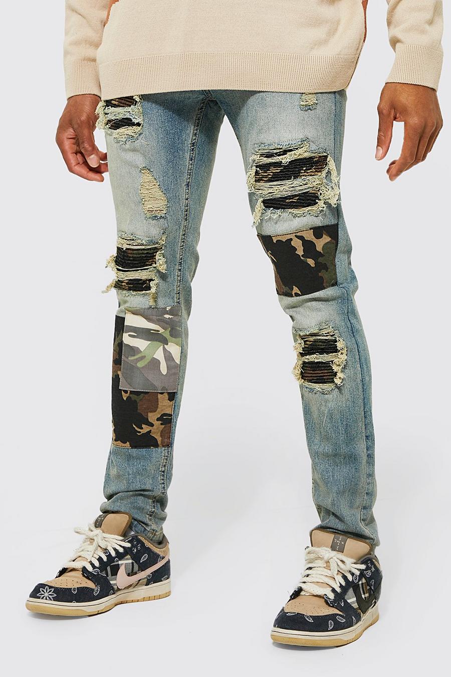 Jeans stile Biker Skinny Fit Stretch con inserti in fantasia militare, Light blue image number 1