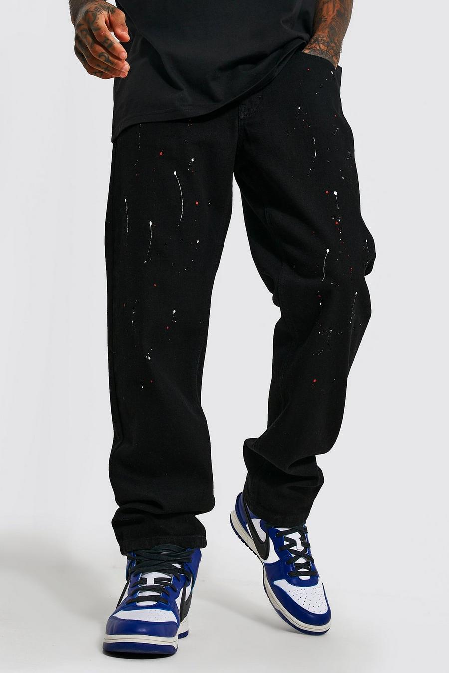 Black Relaxed Fit Rigid Paint Splatter Jeans image number 1