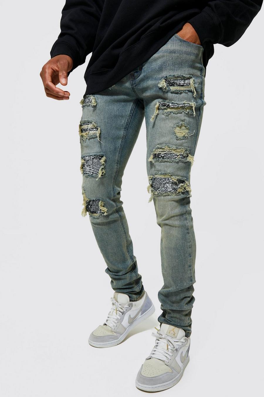Jeans stile Biker Skinny Fit con strappi & rattoppi e pieghe sul fondo, Light blue image number 1