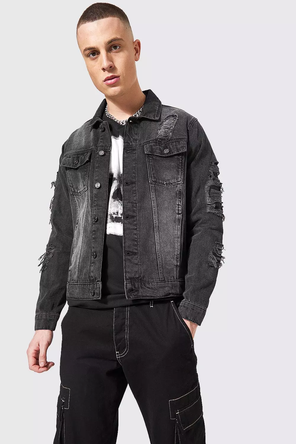 Mens black shop ripped denim jacket