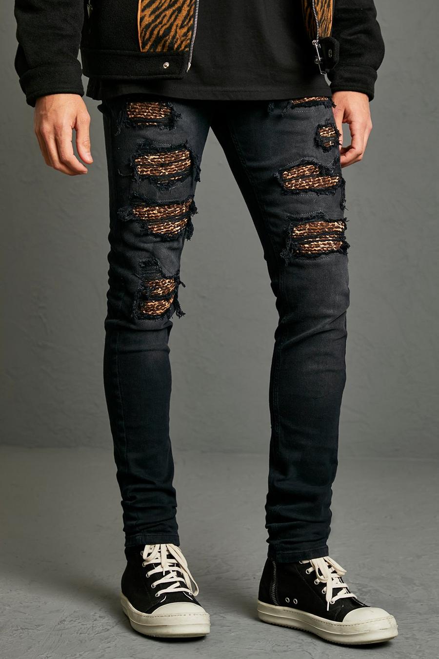 Black noir Stacked Rip & Repair Luipaardprint Skinny Biker Jeans image number 1