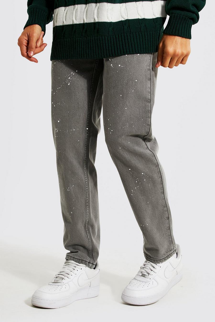 פחם ג'ינס מבד קשיח בגזרה משוחררת עם כתמי צבע image number 1