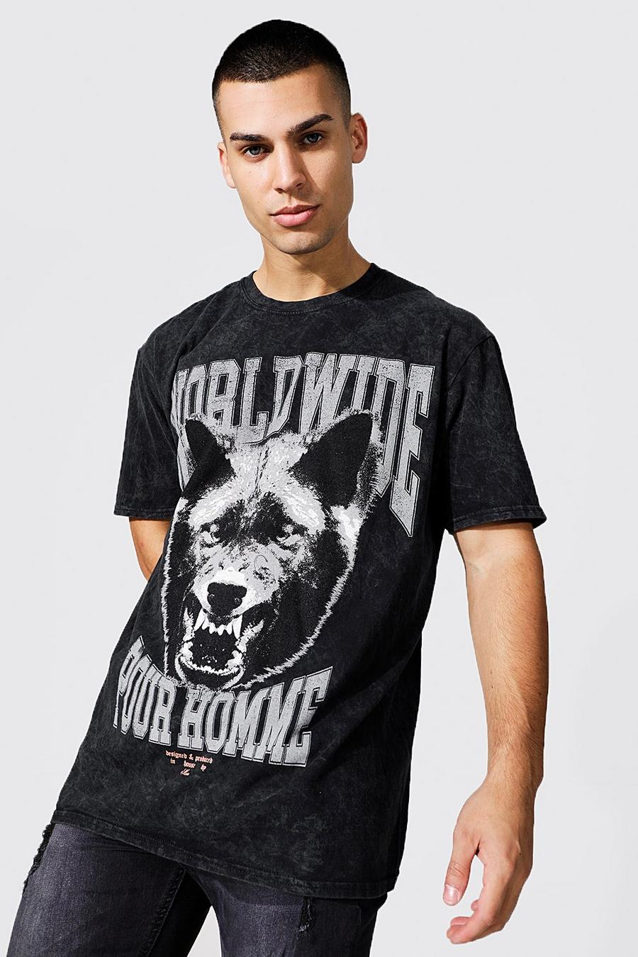 Oversize T-Shirt mit Acid-Waschung und Wolf-Print, Black image number 1