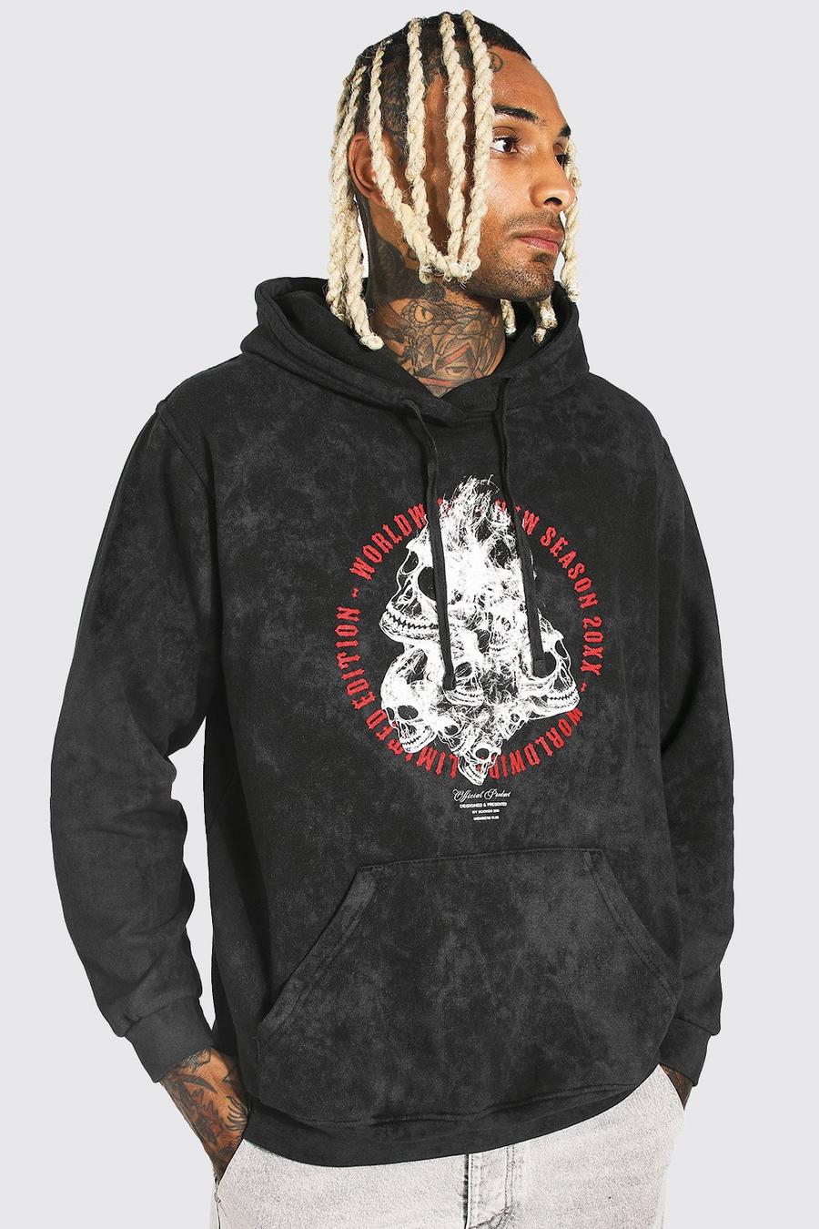 Charcoal Oversize hoodie med dödskalle och stentvättad effekt image number 1