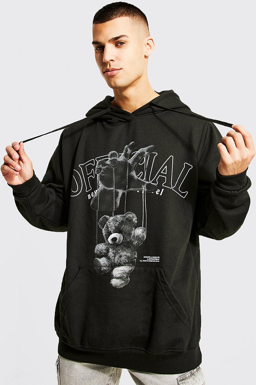 Black Oversized Puppet Bear Graphic Hoodie image number 1