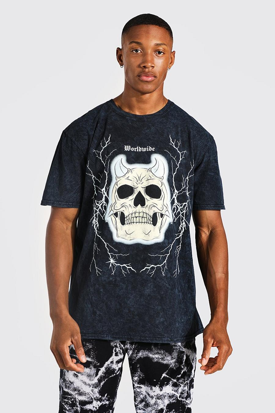 Oversize T-Shirt mit Acid-Waschung und Totenkopf-Print, Black image number 1