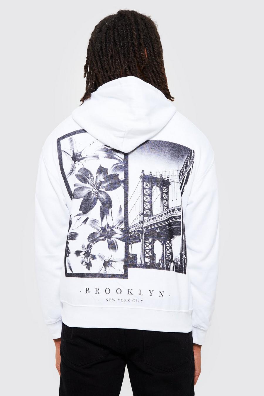 Sudadera oversize con capucha y estampado de fotografía de Brooklyn, White blanco