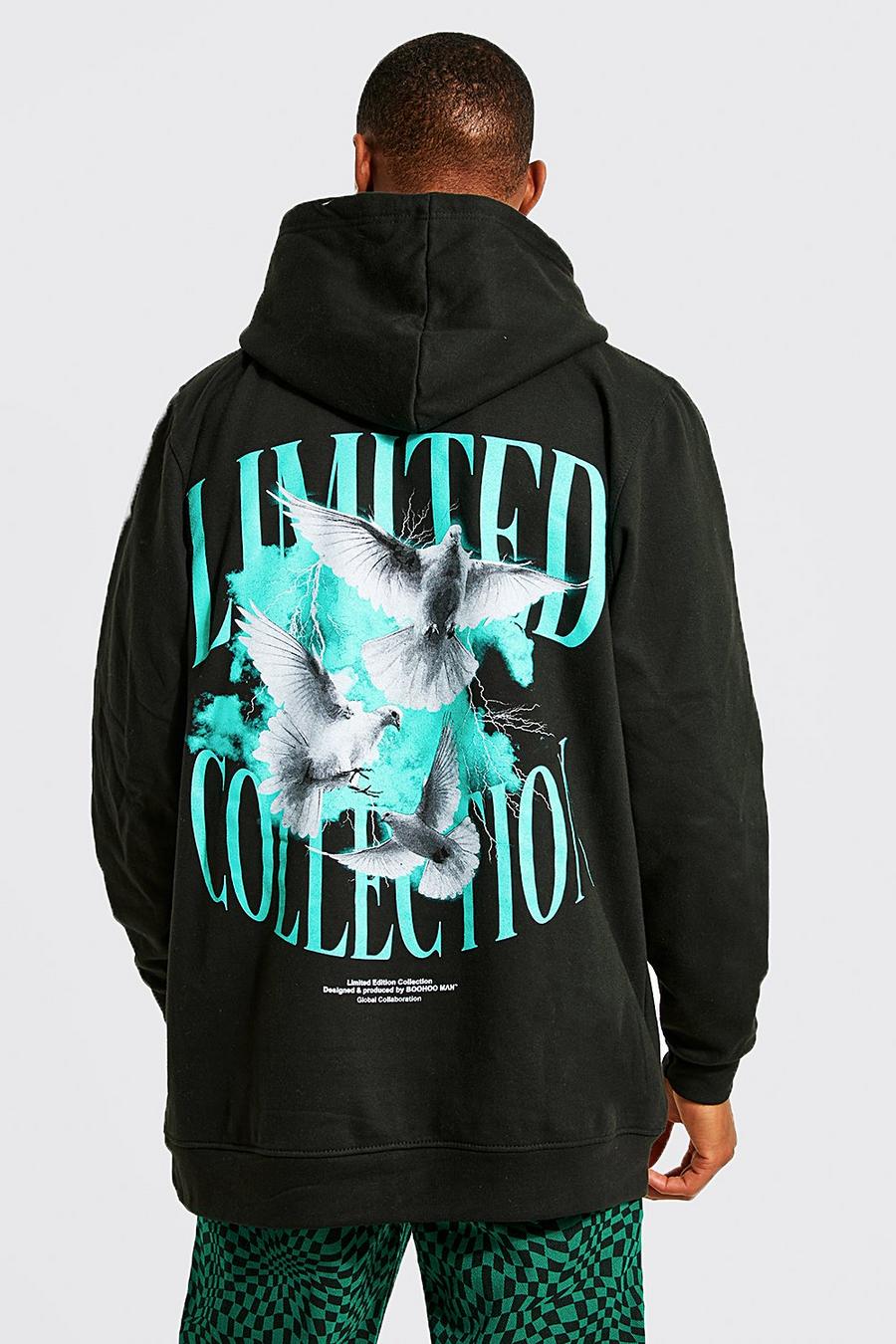 Black Oversized Dove Back Graphic Hoodie image number 1