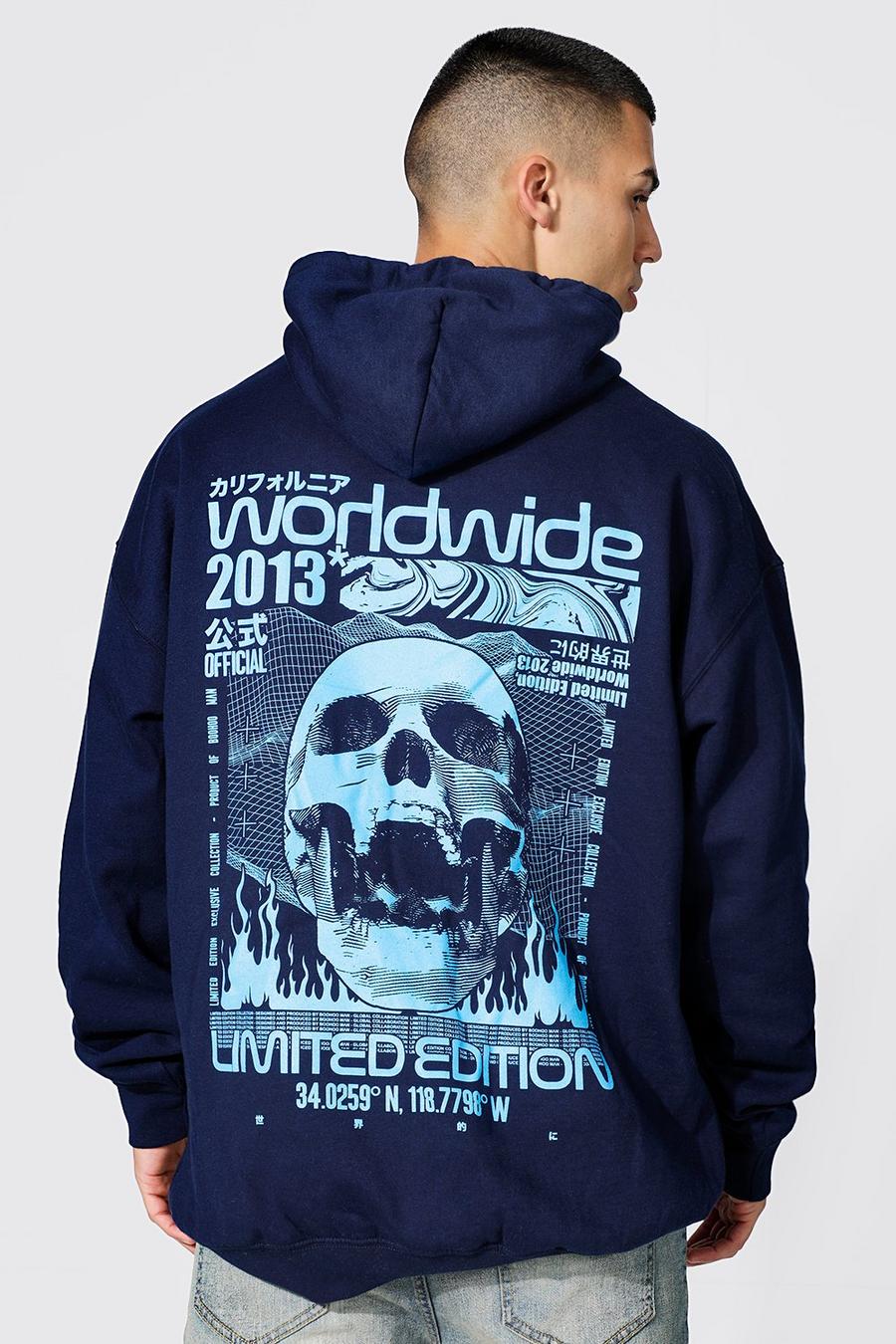Navy Oversized Skull Back Graphic Hoodie image number 1