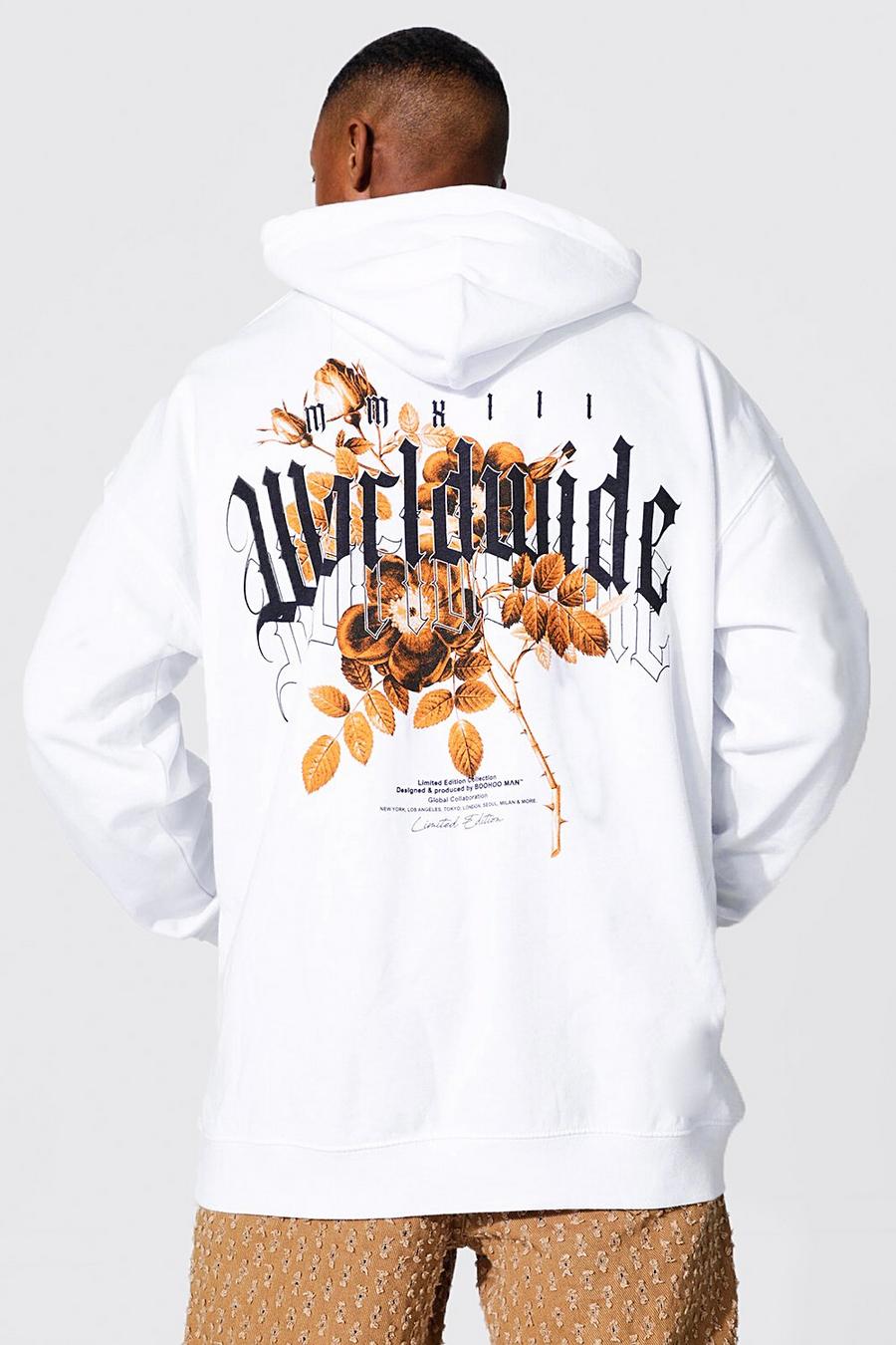 White Oversized Floral Back Graphic Hoodie image number 1