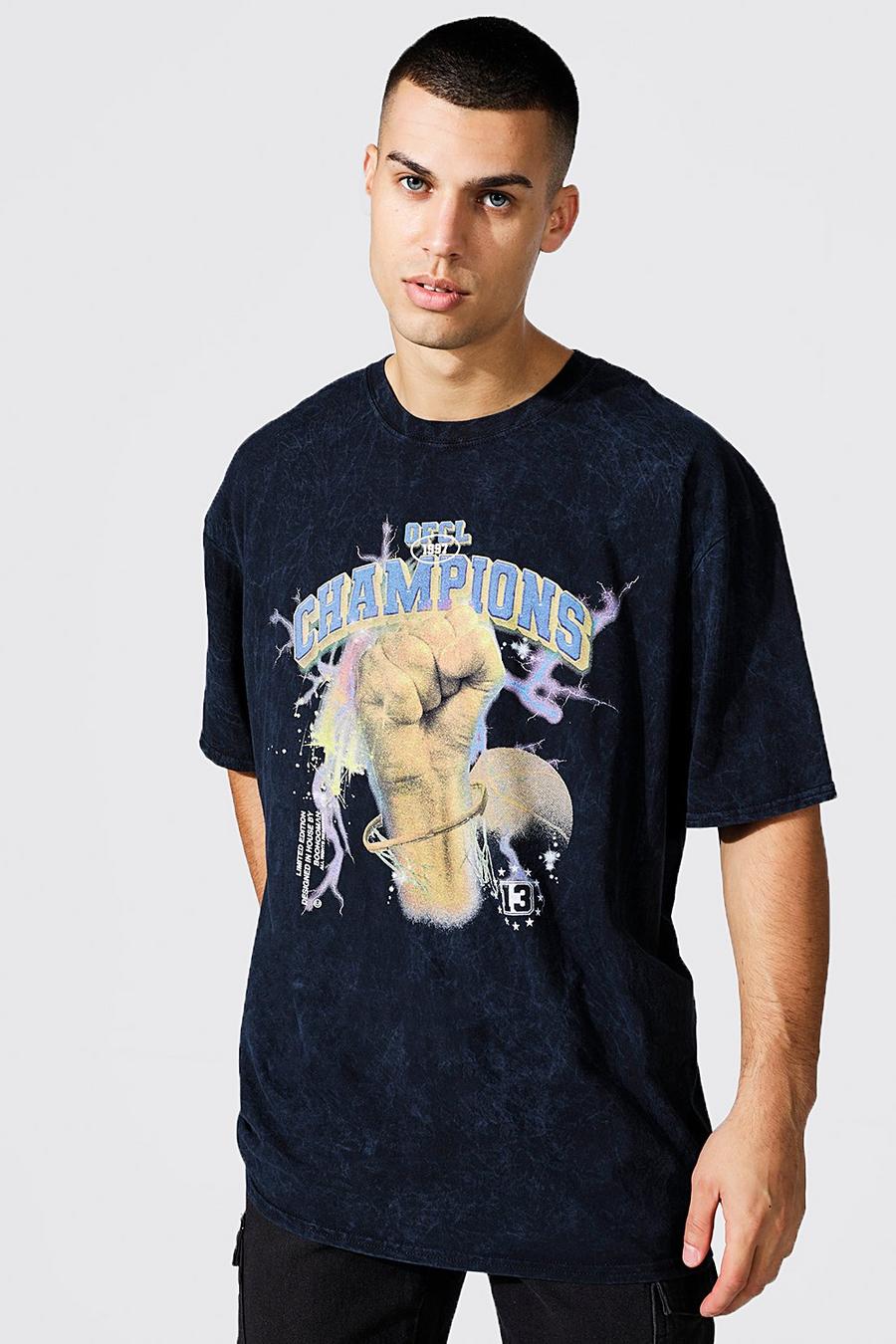Camiseta oversize con lavado de ácido y estampado gráfico de Champions, Charcoal image number 1