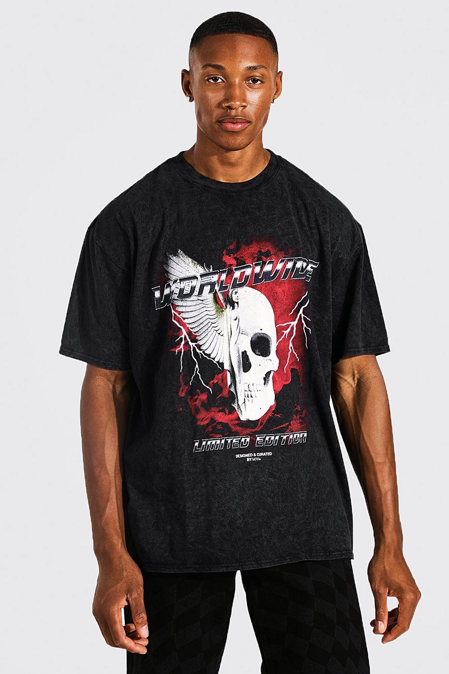 Charcoal Oversized Skull Graphic Overdye T-shirt image number 1