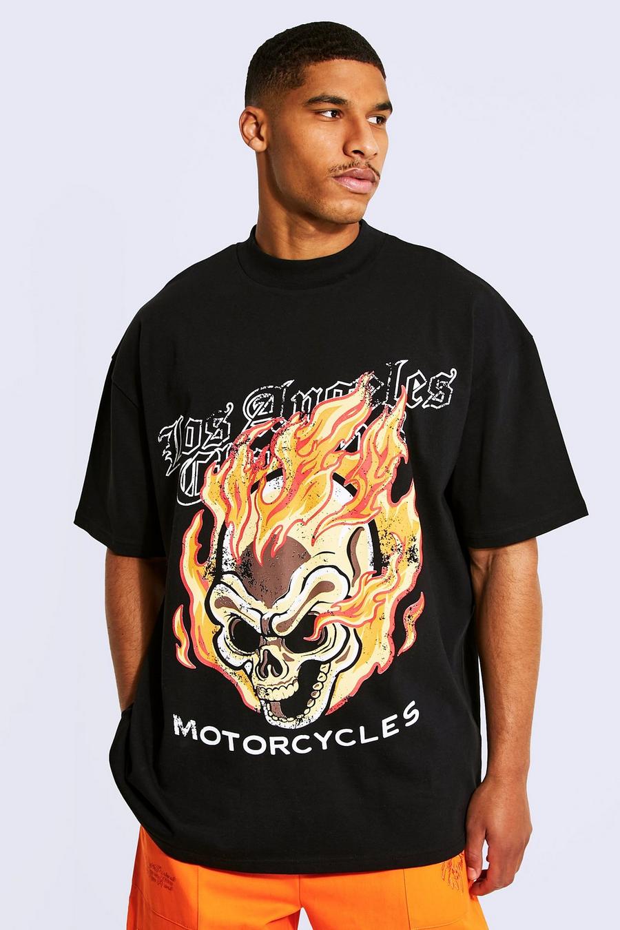 Camiseta Tall con cuello extendido y estampado de llamas, Black image number 1