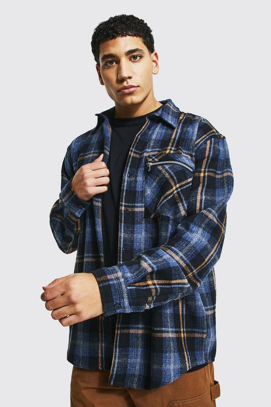 Navy Oversized Check Zip Detail Shirt image number 1